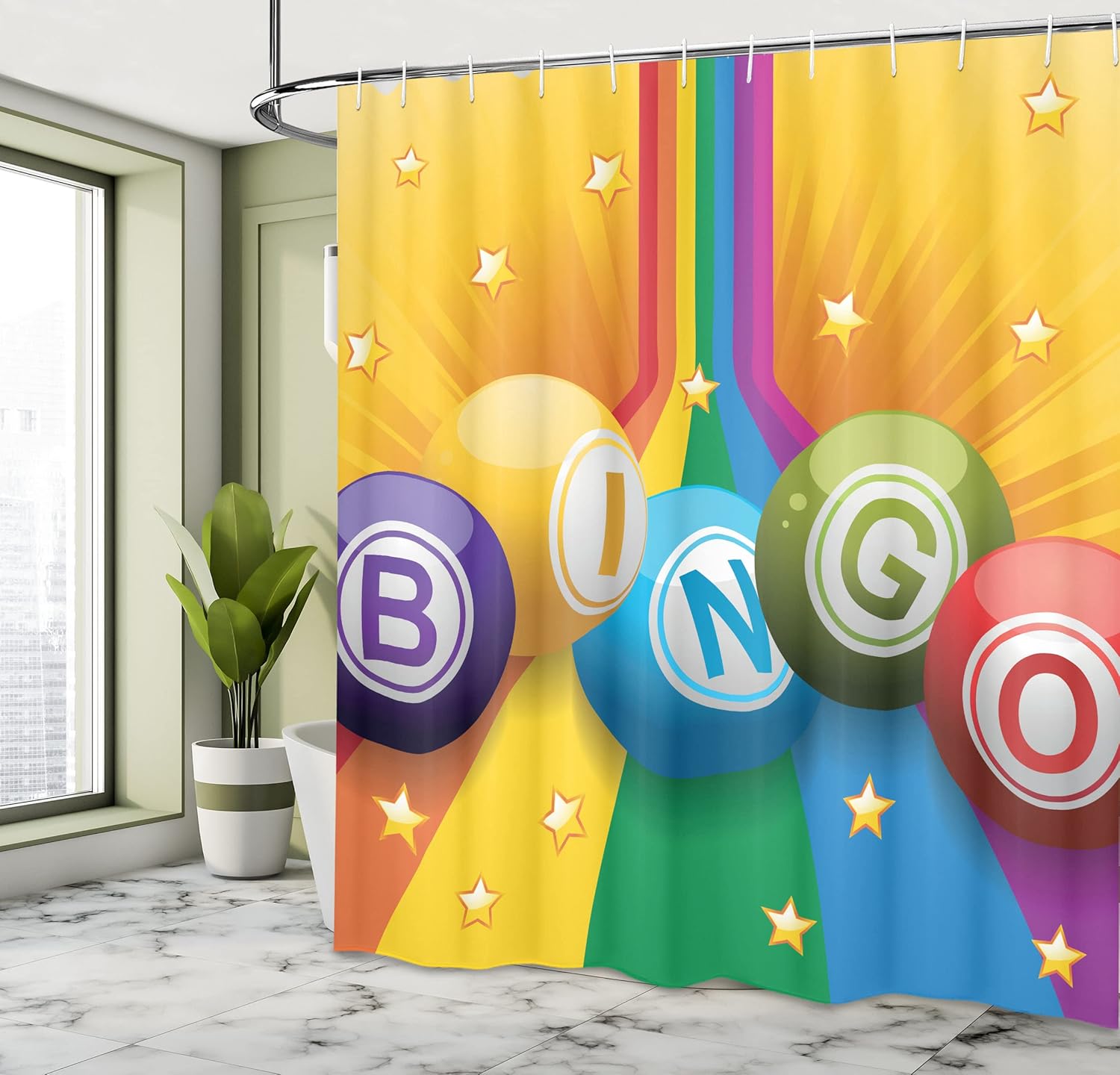 Ambesonne Bingo Shower Curtain, Colorful Bingo Balls on Rainbow Over Yellow Bursting Background Leisure Time Fun, Cloth Fabric Bathroom Decor Set with Hooks, 69" W x 70" L, Mustard Multicolor