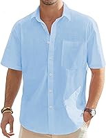 Vista 116 de J.VER Camisas de manga corta de lino y algodón para hombre, estilo informal, ligeras, con botones, para vacaciones, playa y verano, con bolsillo
