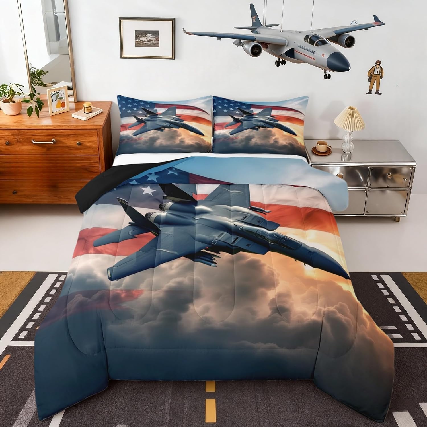 Castle Fairy Fighter Aircraft Kids Comforter Sets Queen Size,Boys Girls Airplane Bedding Sets,3D Military Plane Duvet Insert Bedroom Decor 3 PCS,Rustic American Flag Quilt Set with 2 Pillowcases