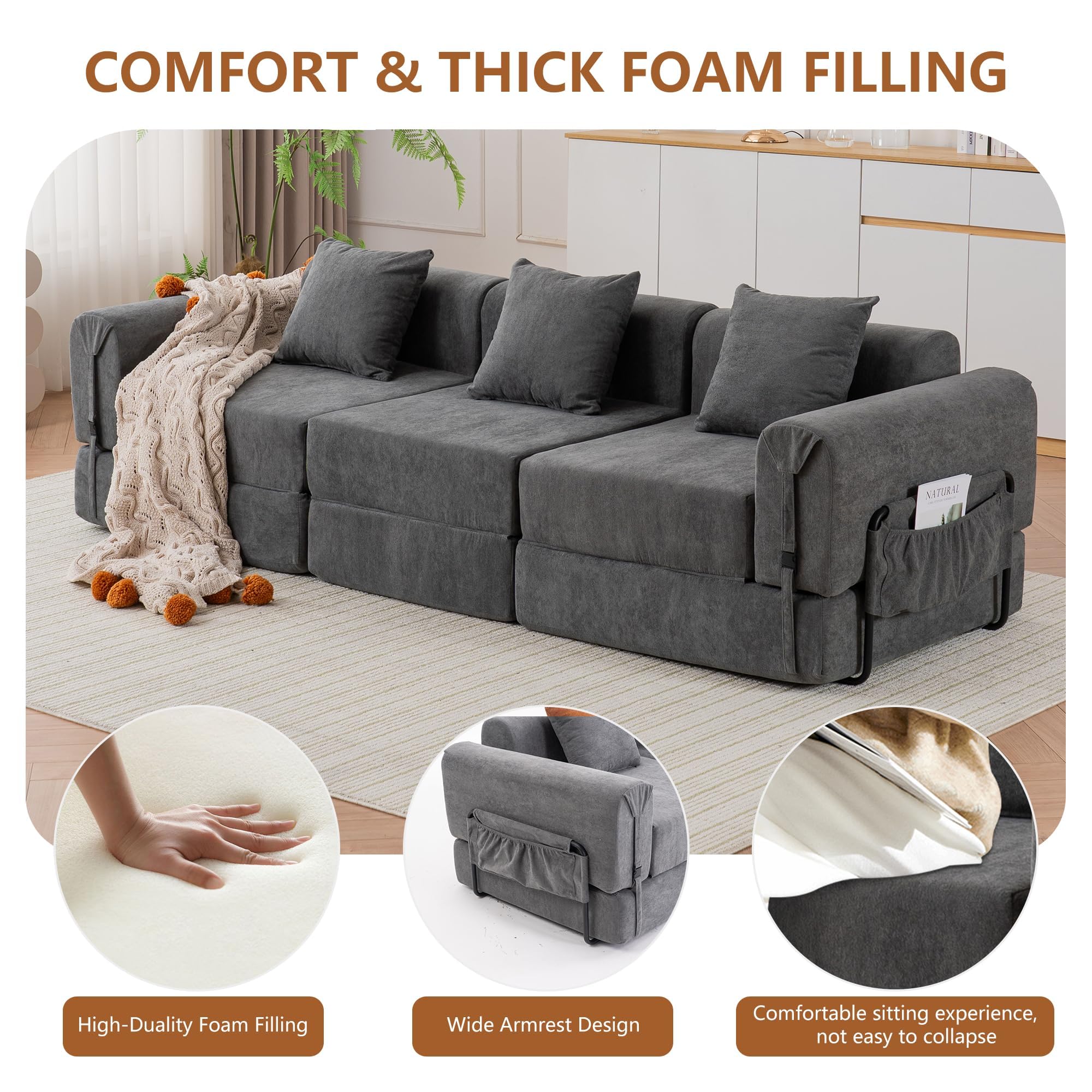 Tmsan 98.81" W Convertible Sectional Sleeper Sofa Bed, Comfy Fleece Folding Mattress Couch with Fixed-Shape Frame,Boneless Floor Lounge Couch Set for Living Room Apartment Office Bedroom