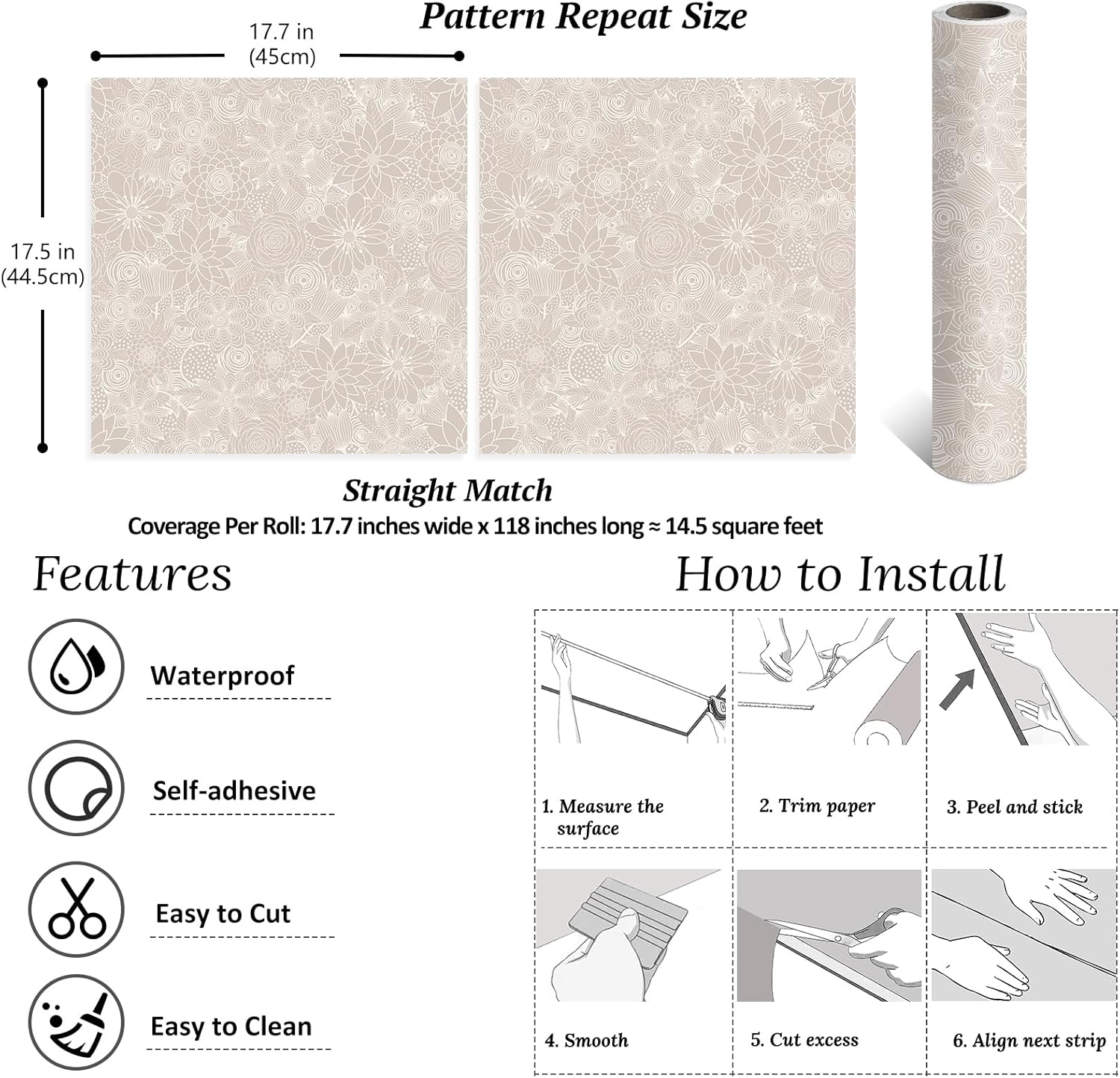 VEELIKE Pastel Beige Floral Wallpaper Boho Floral Peel and Stick Wallpaper for Bedroom Nursery 17.7''x118'' Self Adhesive Removable Flower Wallpaper Beige Contact Paper for Cabinets Drawers Shelves