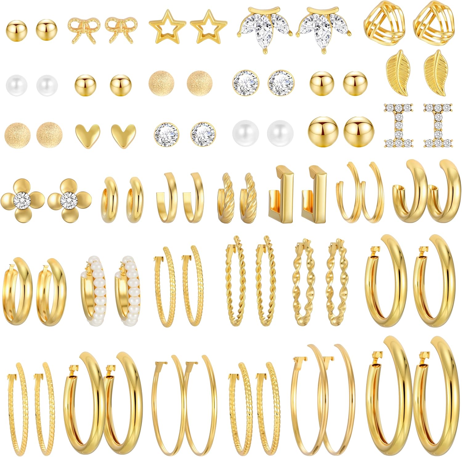 42 Pairs Gold Hoop Earrings Set for Women, Fashion Chunky Pearl Earrings Multipack Twisted Statement Earring Pack, Hypoallergenic Small Big Hoops Earrings for Birthday Party