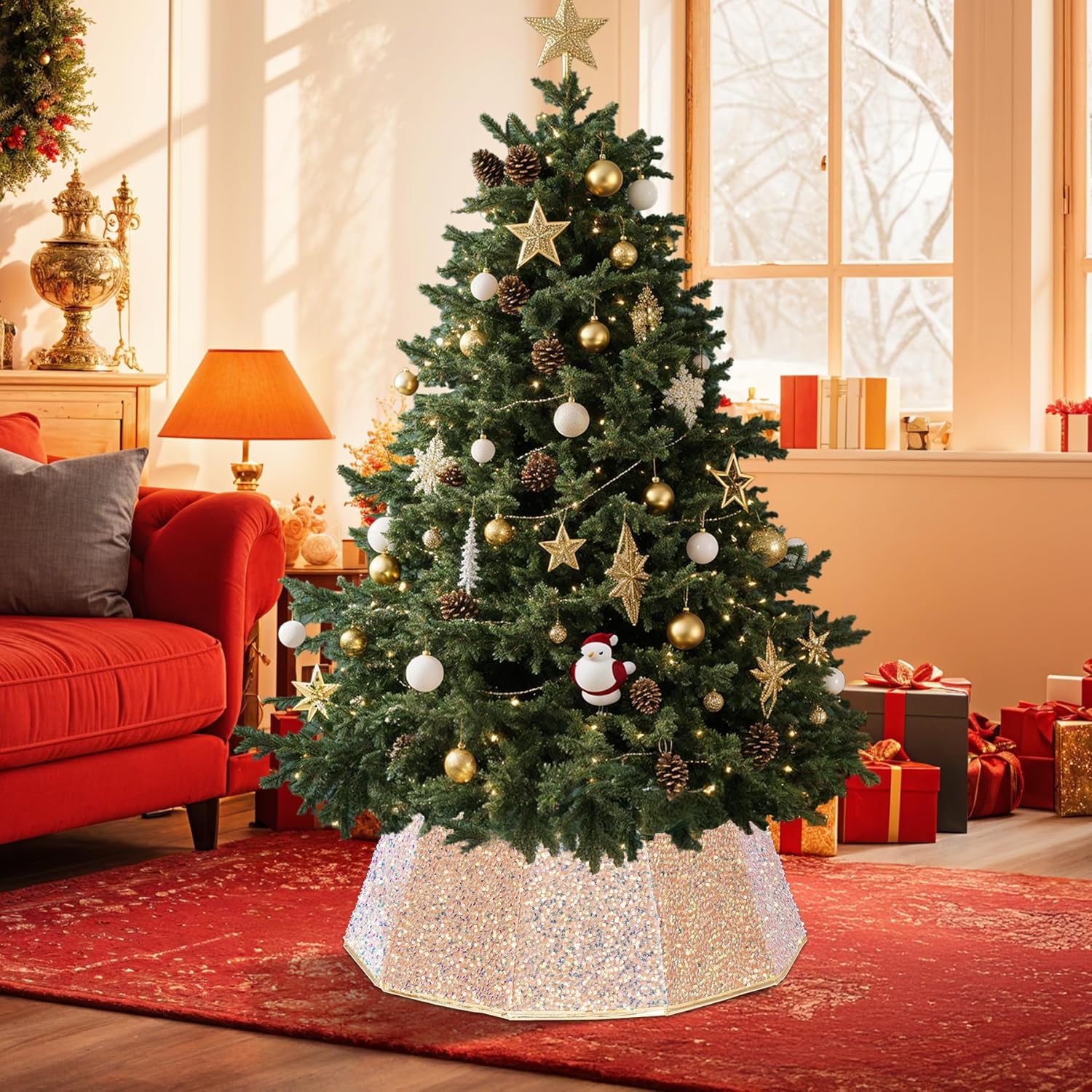 29 inch Decagonal Shape Christmas Tree Skirt - Sparkling Glitter Fabric, Foldable Design for Easy Setup & Storage for Christmas and Halloween Decoration Trees with a Height of Less Than 9 FT