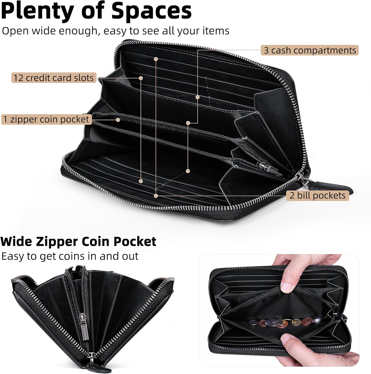 VISOUL Leather Long Zipper Pouch Wallet for Men and Women with RFID Blocking, Large Clutch Cash Long Wallet with Zipper (Black) - Image 2