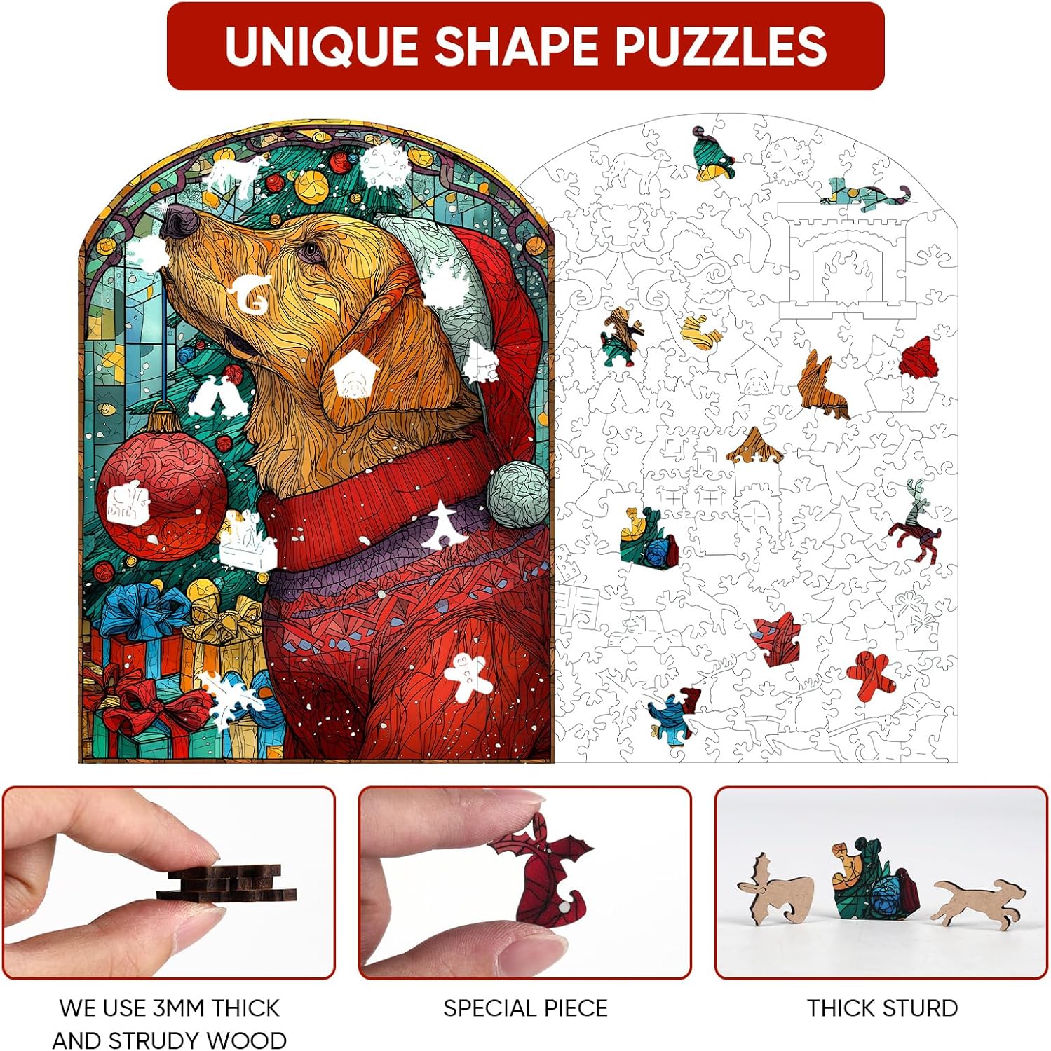 MEATRN Christmas Jigsaw Puzzles for Adults - Dog with Santa Hat 498 Pcs Unique Shaped Holiday Wood Puzzle with Wooden Storage Box, Festive Family Game Night for Art Lovers 13.5x18.3 Inch
