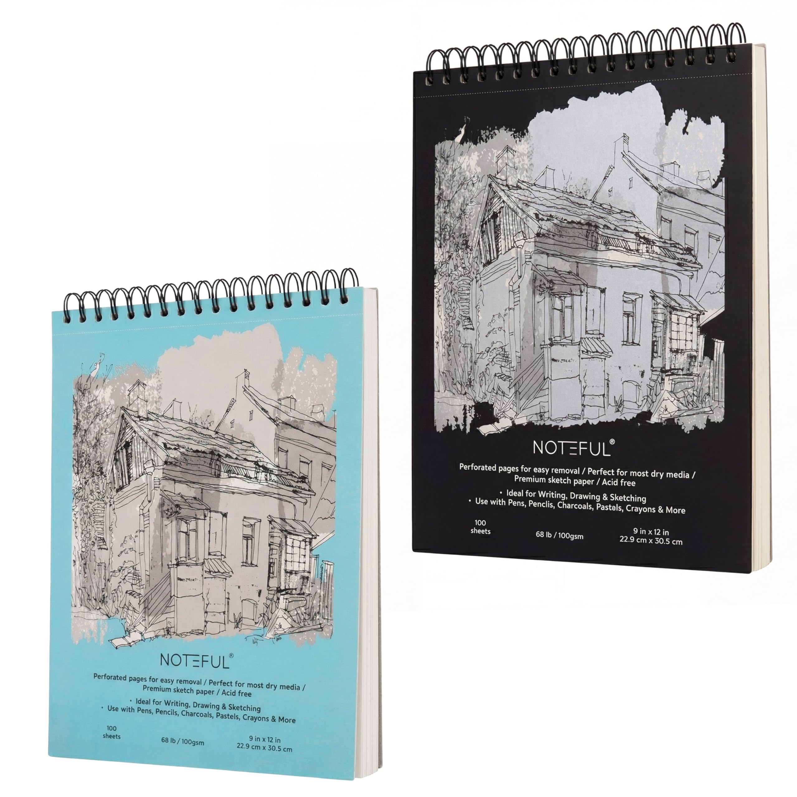 Lot de 2 carnets de croquis à spirales, 100 feuilles de papier à croquis de qualité supérieure, 22,9 x 30,5 cm, bloc de dessin sans acide pour artistes, étudiants et débutants