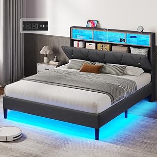 Queen Bed Frame with Storage Headboard and RGB LED Lights, Modern Uphols...