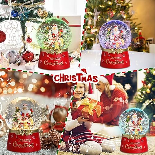 Miniatura 6 de Taman Globo de nieve de Navidad, Papá Noel con remolino musical con purpurina, copos de nieve iluminados, decoraciones de Navidad para mesa,