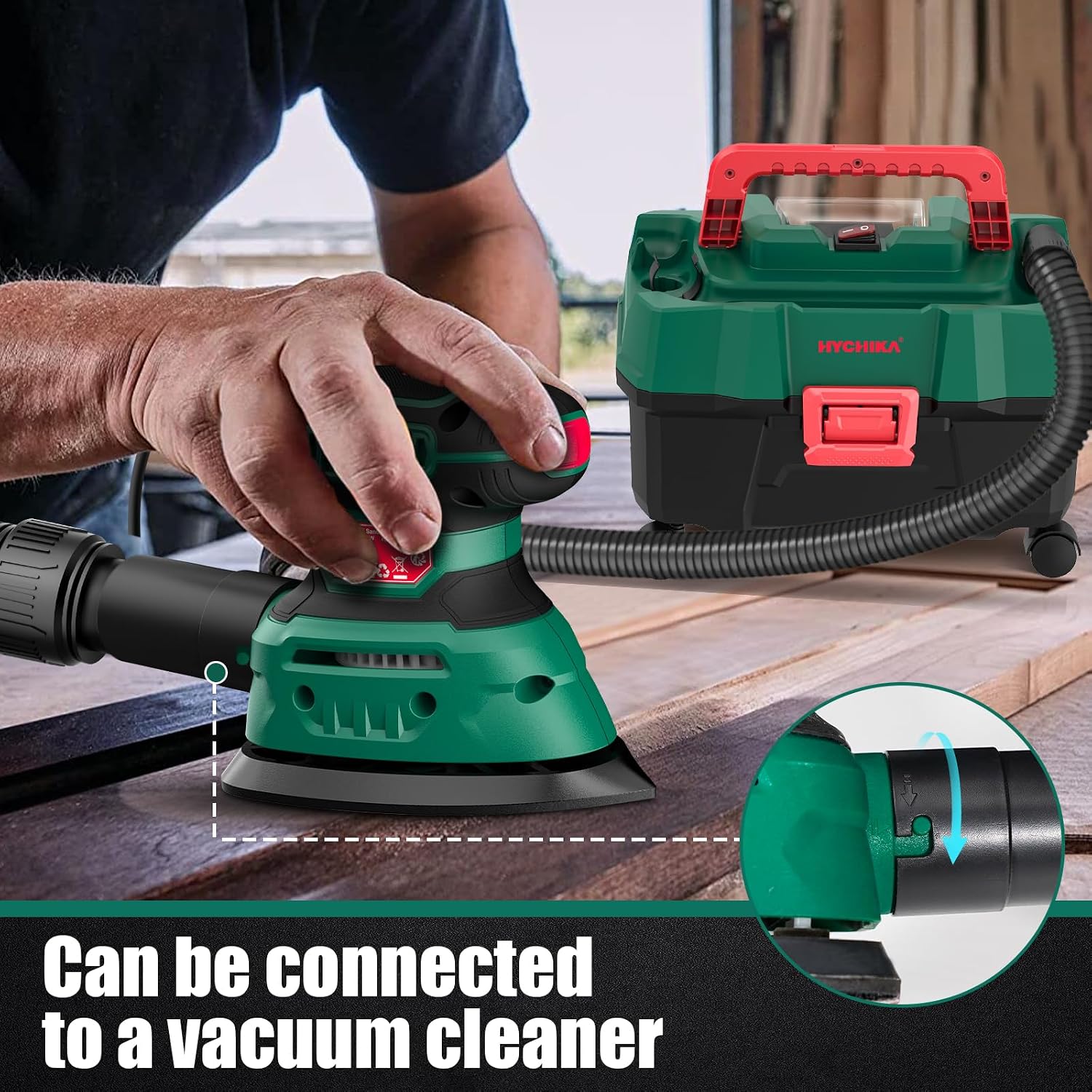 Person connecting the sander to a vacuum cleaner for enhanced dust collection