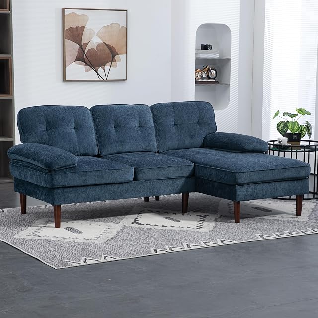 HOMCOM 3-Seater Canapé sectionnel, L Canapé en forme de coin avec salon à la chaise droite, Chenille Couch rembourré avec jambes et bras en bois pour le salon, chambre, bleu marine