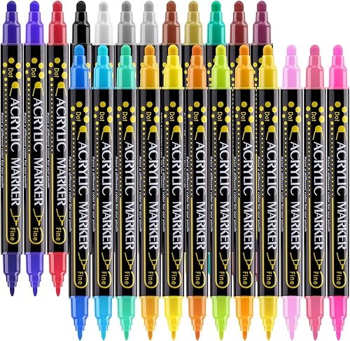 24 Colors Dual Tip Acrylic Paint Pens Paint Markers With Fine Tip Medium Tip Paint Pens for Rock Painting Ceramic Wood Fabric Plastic Canvas Glass