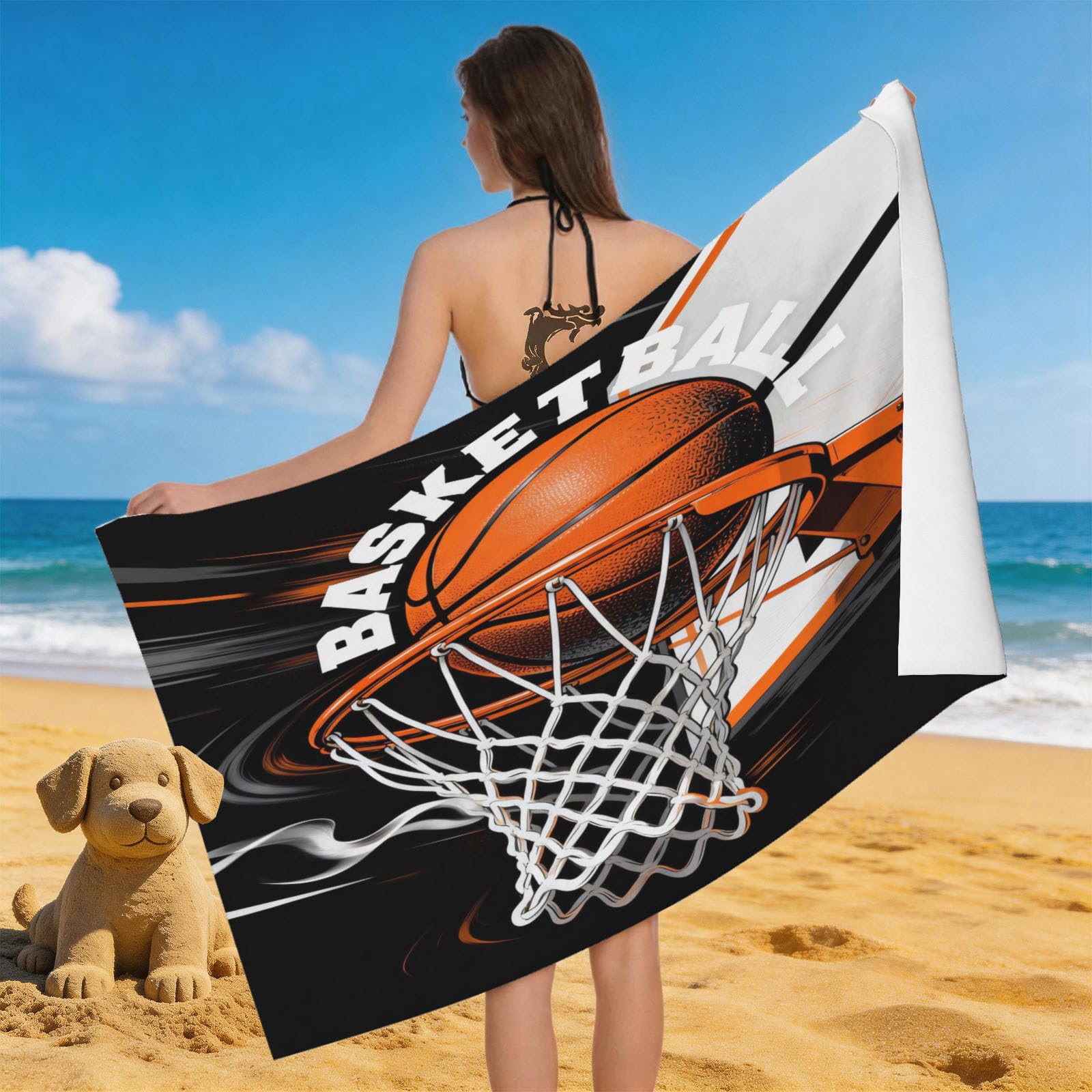 Leichong 3D Basketball Illustration Beach Towel Large Microfiber Soft Quick Dry for Adults, Physical Education Bath Towel Lightweight Soft Absorbent for Travel Swimming Pool Sports, 180 x 90 cm