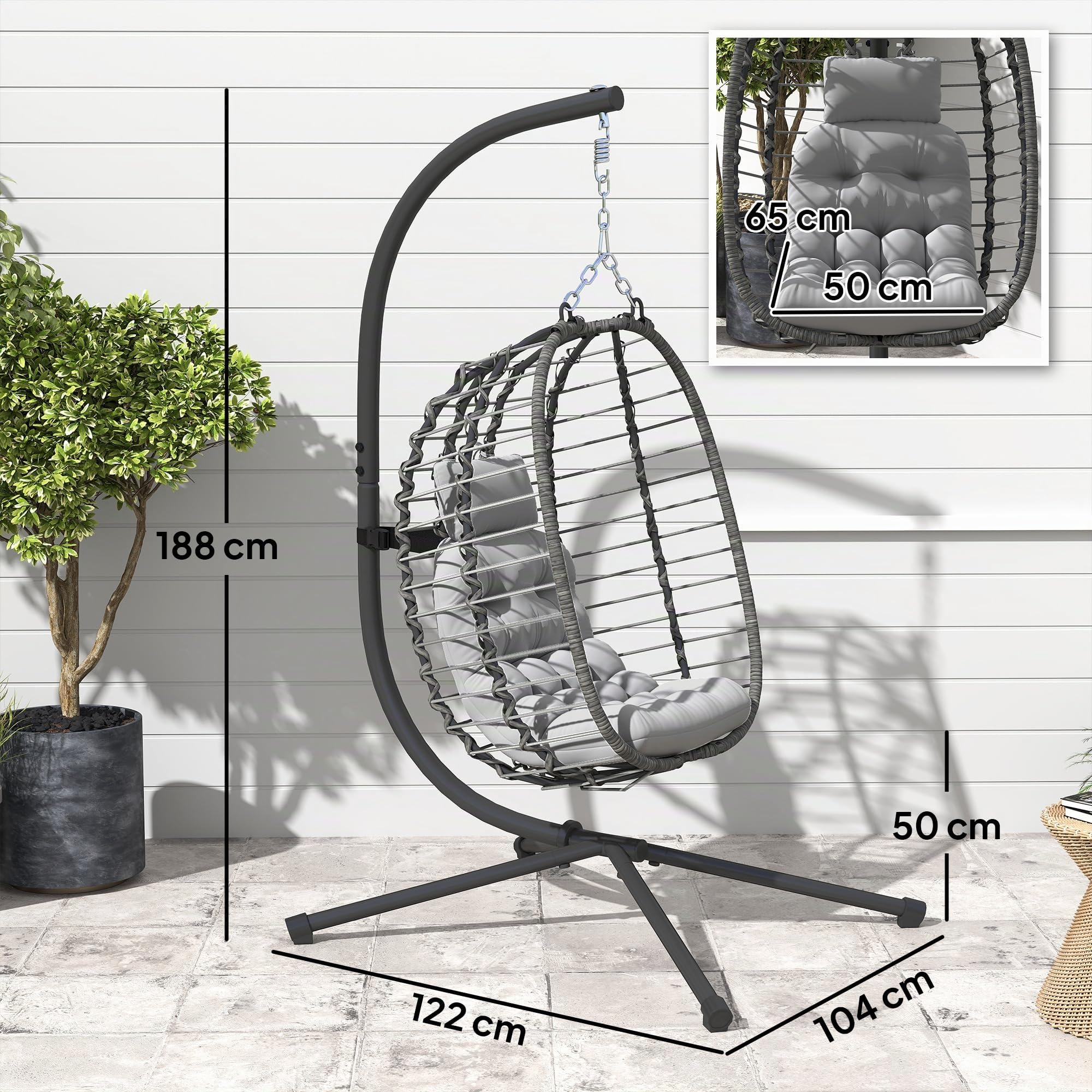Outsunny Poltrona Sospesa a Uovo in Rattan, da Giardino Grigio Chiaro | con Gancio, Cuscini Imbottito e Poggiatesta, Sedia a Dondolo Pieghevole, Base a X in Acciaio, per Interni ed Esterni