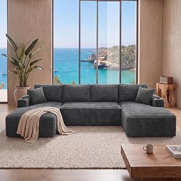 125 Boneless Cloud Sectional Sofa with Chaise, Modern U-Shaped Modular Couch, Oversized Deep Seat Corduroy Sofa with Storage & Cupholders, No Assembly Required Foam Floor Sofa-Dark Grey