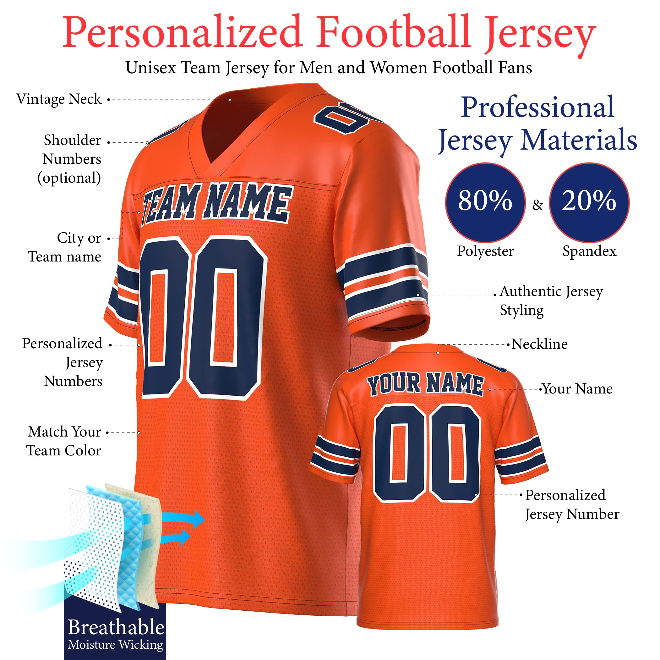 Custom Football Jersey for Men, Women, and Kids | Replica Jersey | Fan Jersey | Sports Jersey | Birthday Gift |Personalized (Orange Blue, A-Large)