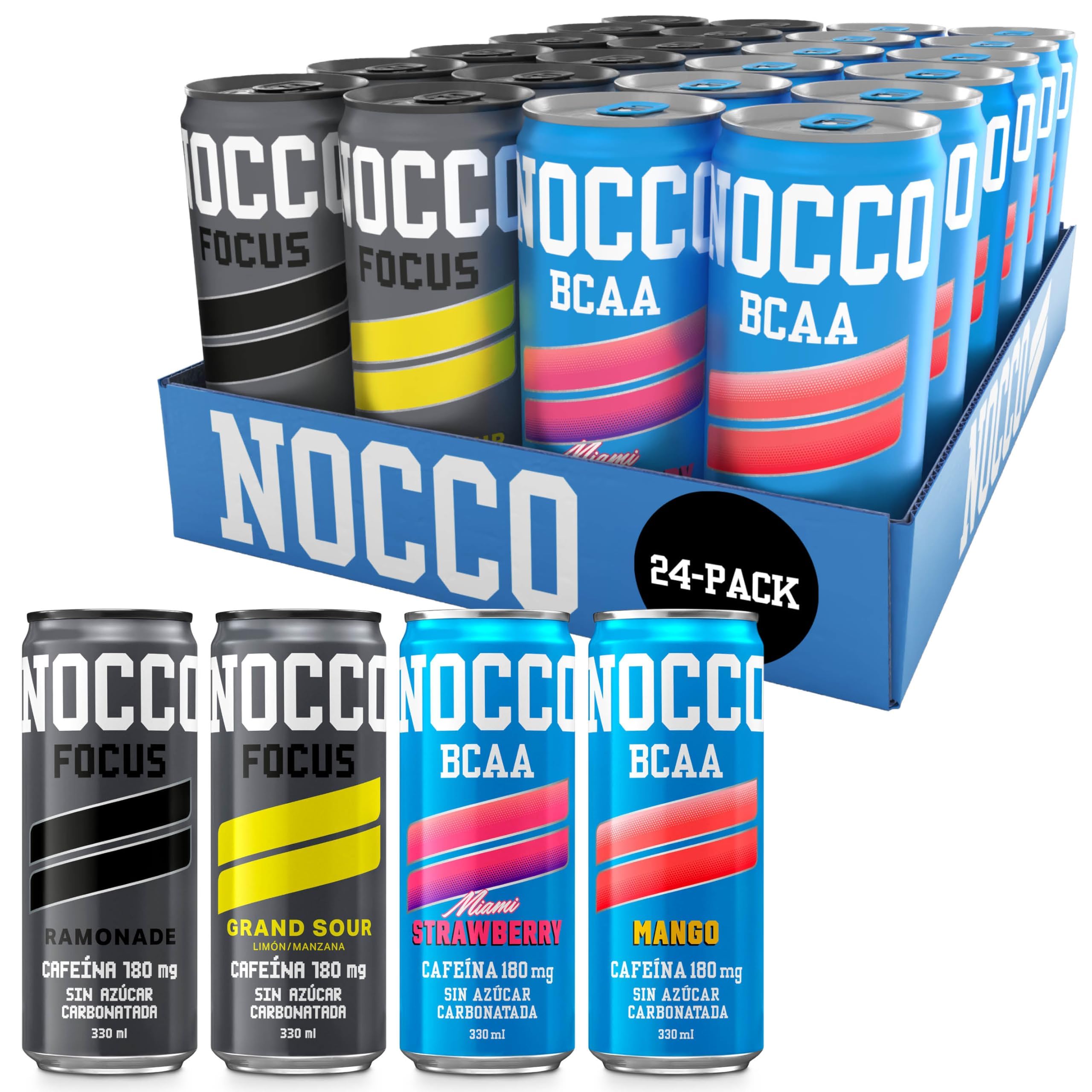 NOCCO BCAA - Bebida Energética con 180mg Cafeína, 3000 mg BCAA, Sin Azúcar, Sin Carbohidratos, Enriquecida con Vitaminas - 24 x 330ml inkl. Pfand (Mix Sabores)