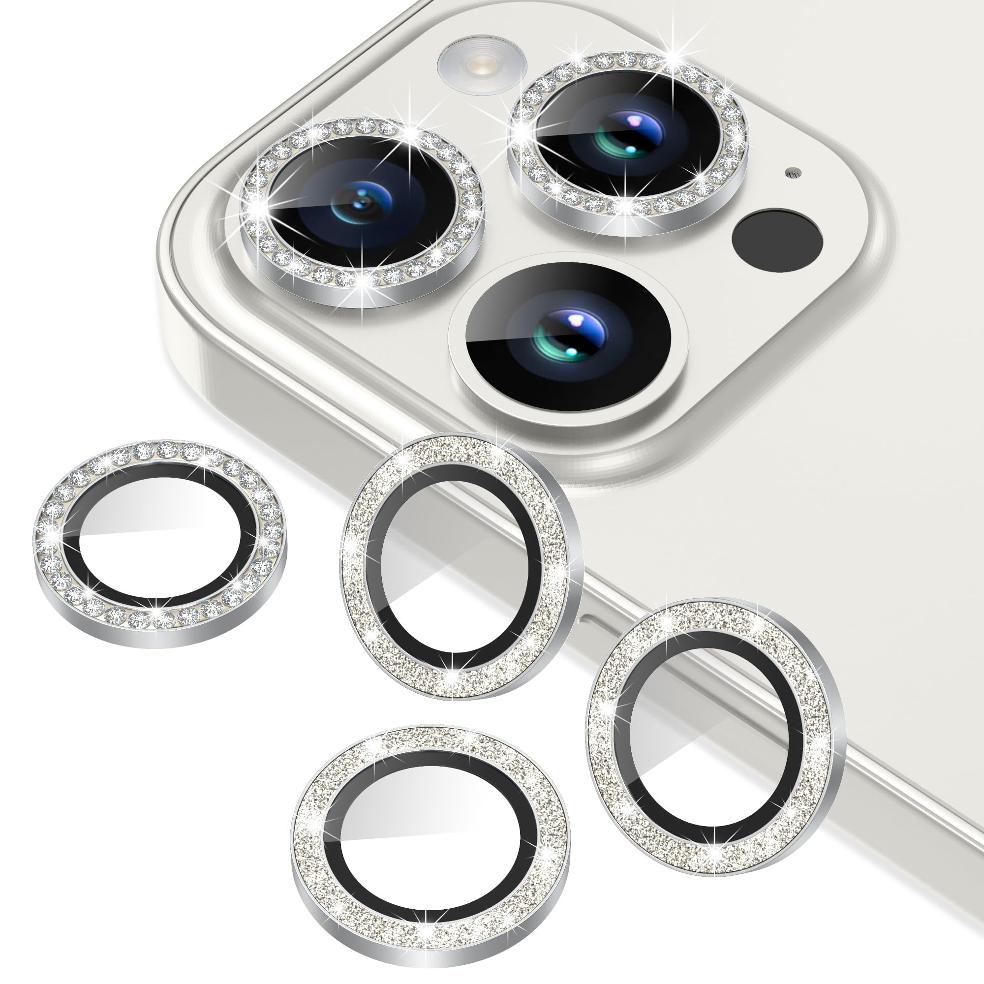 AGVEE 3+3 6 Pack for iPhone 15 Pro 6.1" / 15 Pro Max 6.7" Camera Lens Protector, Bling Diamond & Bling Glitter Metal Ring 9H Tempered HD Glass Camera