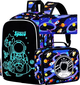 KLFVB 3PCS Boys Astronaut Backpack, Luminous School Backpacks with Lunch Box, 17" Water Resistant Kids Camo Bookbag for Middle Elementary Teens to School Travel - Luminous Rocket Astronaut