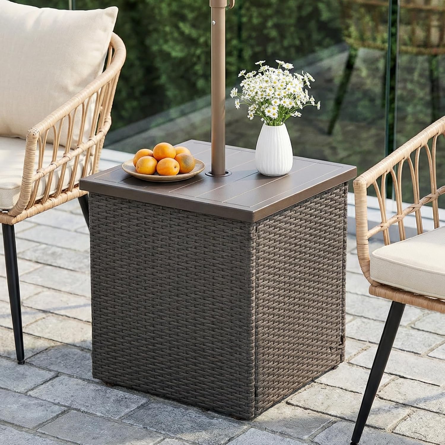 Outdoor Patio Table with Umbrella Hole, Umbrella Side Table Base Stand, Wicker Coffee Table Square Rattan Outdoor End Table All Weather for Backyard, Garden, Poolside
