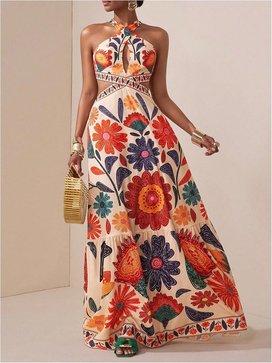 Floerns Women's Summer Floral Maxi Dress Cut Out Halter Backless Boho Beach Vacation Dresses - Image 4