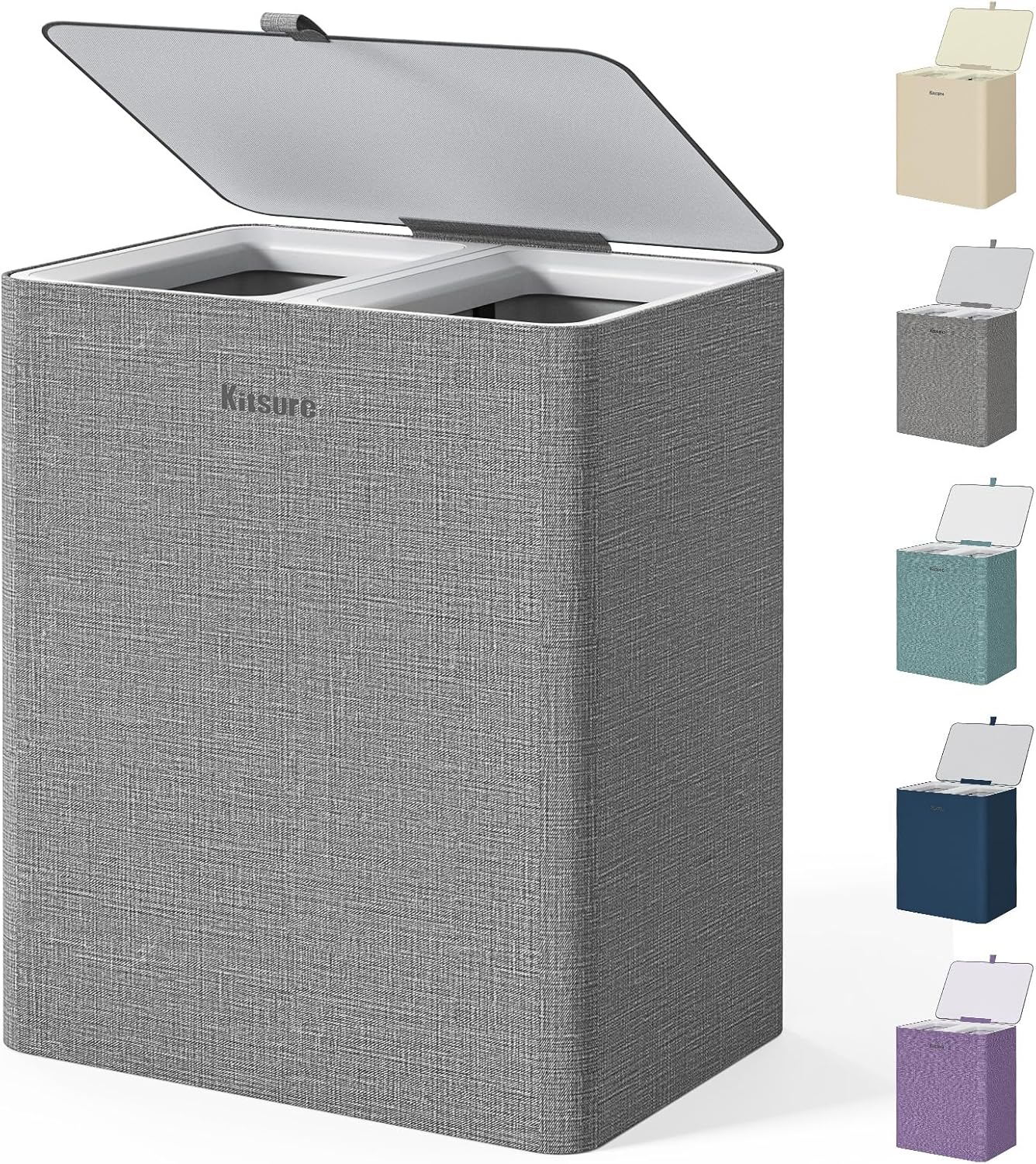 Kitsure Laundry Basket 95L – Large Laundry Hamper with Lid, 2-Compartment Divided Clothes Sorter with Removable Hamper Bags, Gray Organizer for Laundry Room, Bathroom & Bedroom, 22.2" x 16" x 27.4"