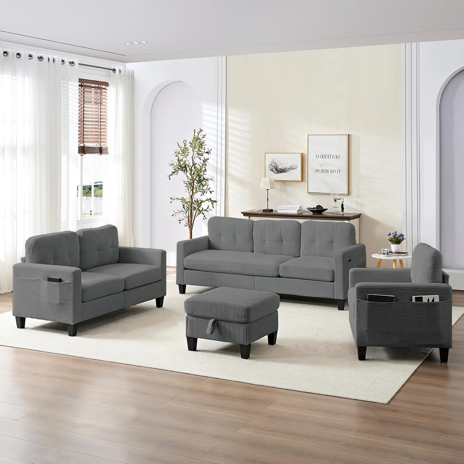 2 Piece Sofa Sets, Corduroy Fabric 3 Seater Sofa with Storage Ottoman and Armchair Sets, Modern L Shaped Sectional Couch + Single Chair Sofa Sets for Living Room, Apartment, Gery