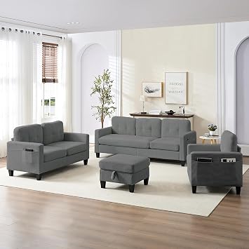 2 Piece Sofa Sets, Corduroy Fabric 3 Seater Sofa with Storage Ottoman and Armchair Sets, Modern L Shaped Sectional Couch + Single Chair Sofa Sets for Living Room, Apartment, Gery