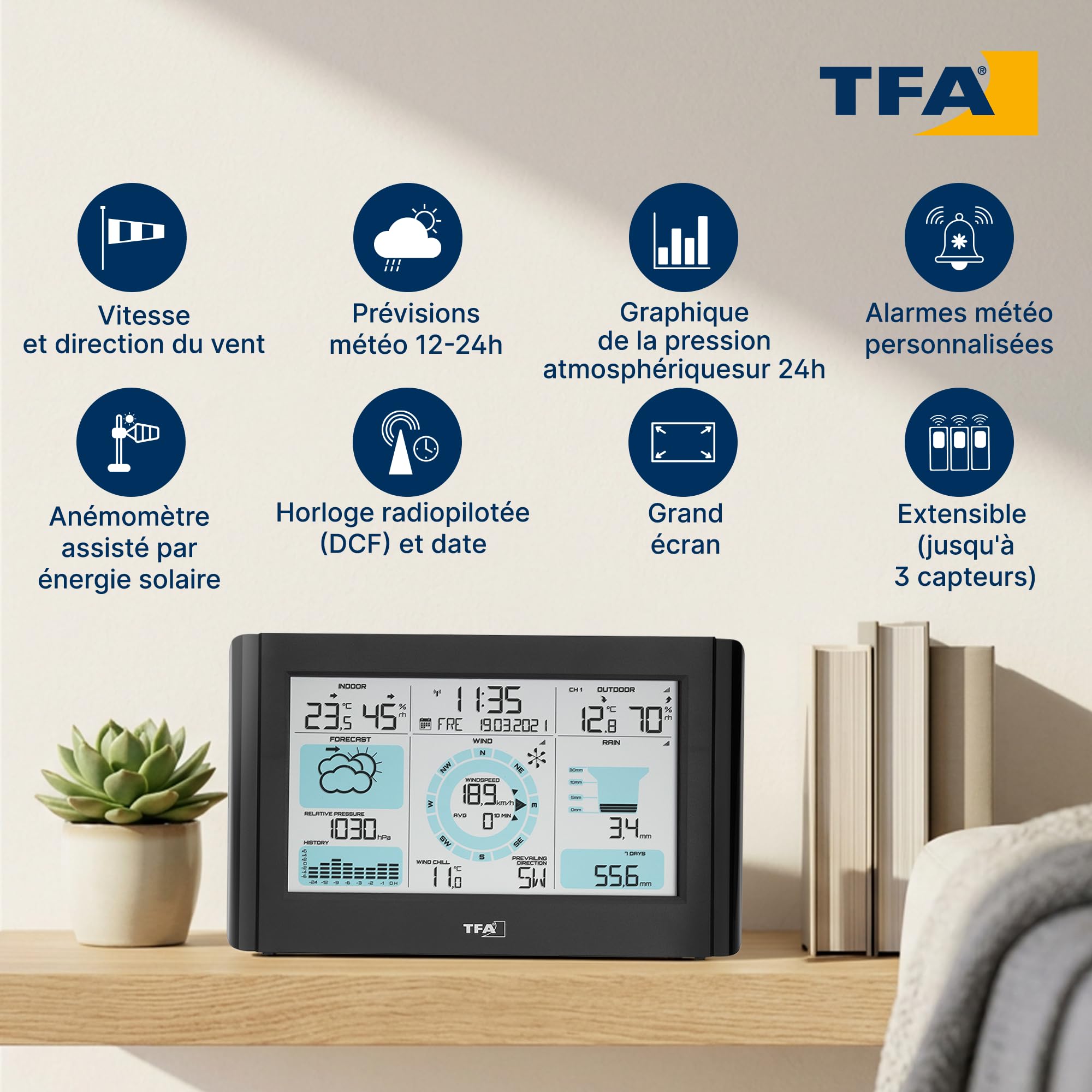 TFA Dostmann Weather Pro Station météo sans fil, 35.1161.01, avec anémomètre, pluviomètre, capteur extérieur, prévisions météo avec symboles, température int./ext., numérique, noir