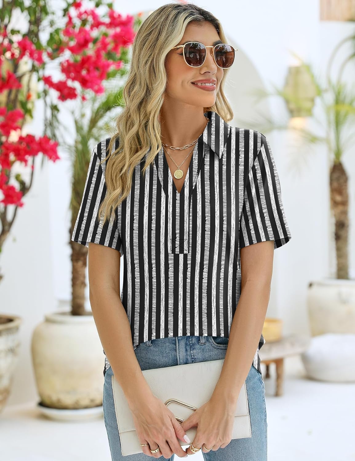 ZHENWEI Women's Short Sleeve V-Neck Polo Shirts Business Casual Work Collared Tops Dressy Johnny Collar Cute Blouses - Image 2