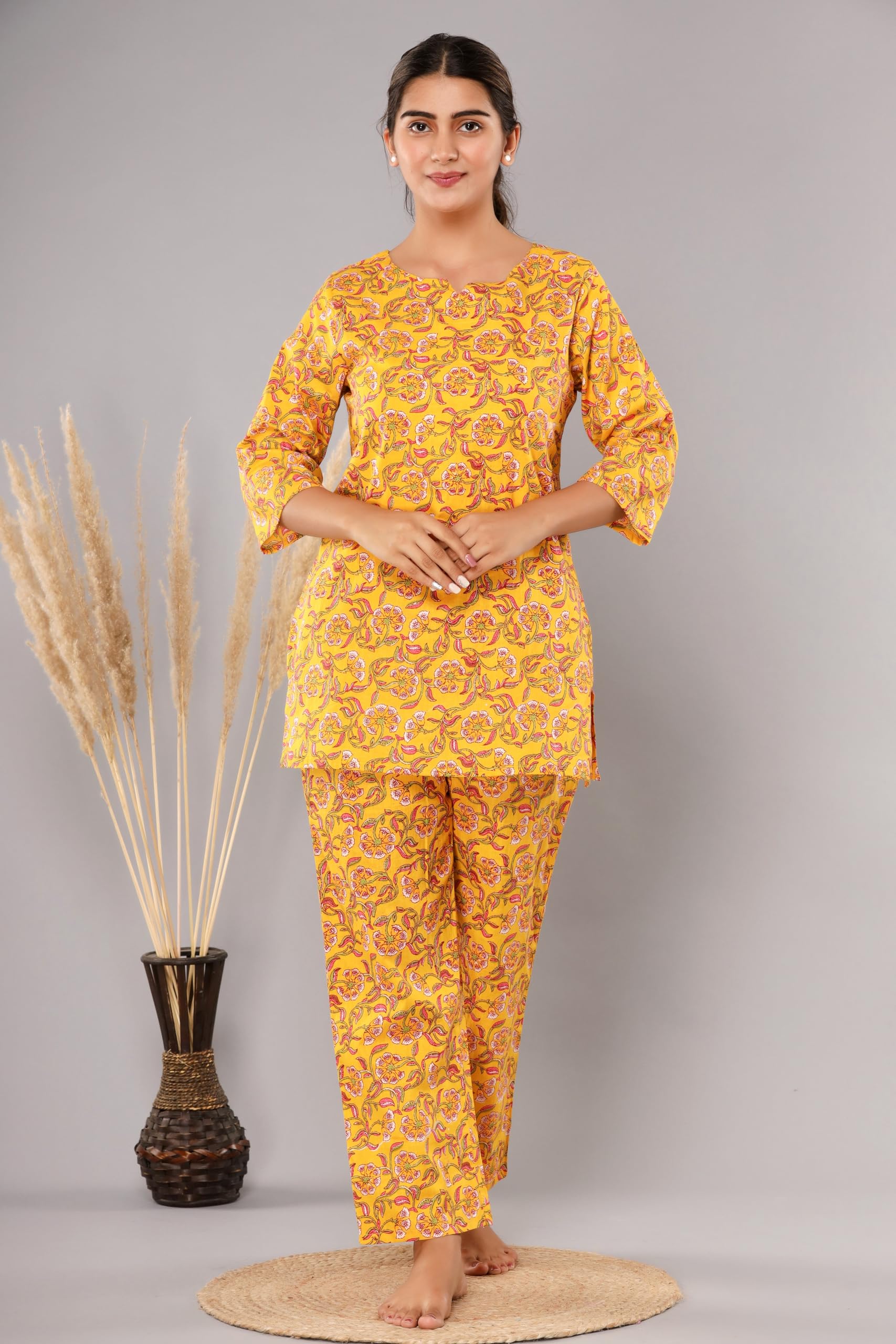 Women Printed 1 top, 1 pyjama Cotton KC314 Yellow 2 Night Suit Set-image-29