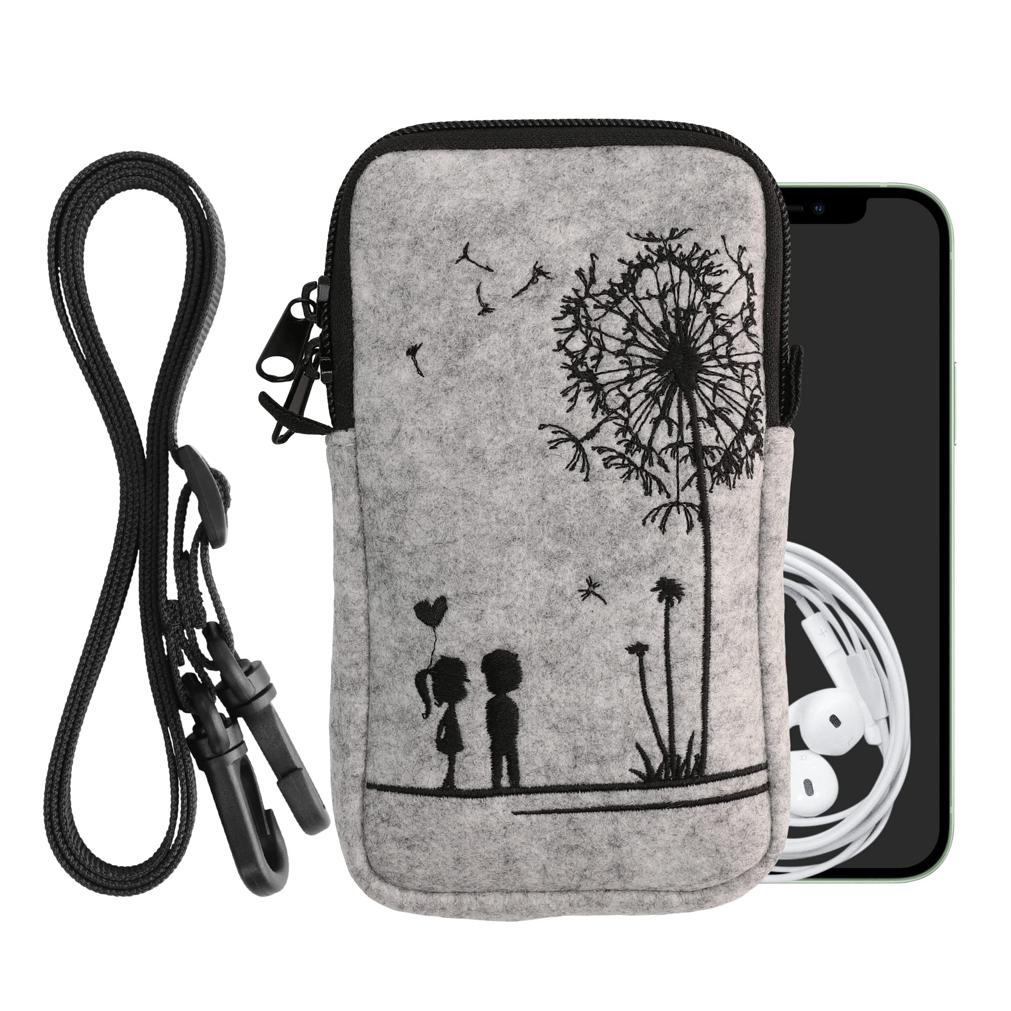 kwmobile Filcowa torba na telefon z wzorem L - 16,5 cm - uchwyt na pasek 16,5 x 8,9 cm - Dandelion Love czarny/jasnoszary