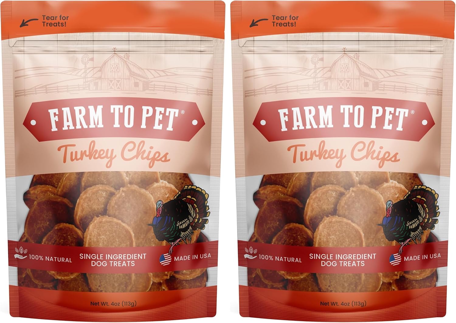 Farm To Pet Dog Training Treats, Healthy Turkey Chips for Dogs - 4 oz, 100% Human Grade Turkey Breast, All Natural, Single Ingredient, Low Allergen Treats for Dogs and Puppies, Made in USA (Pack of 2)