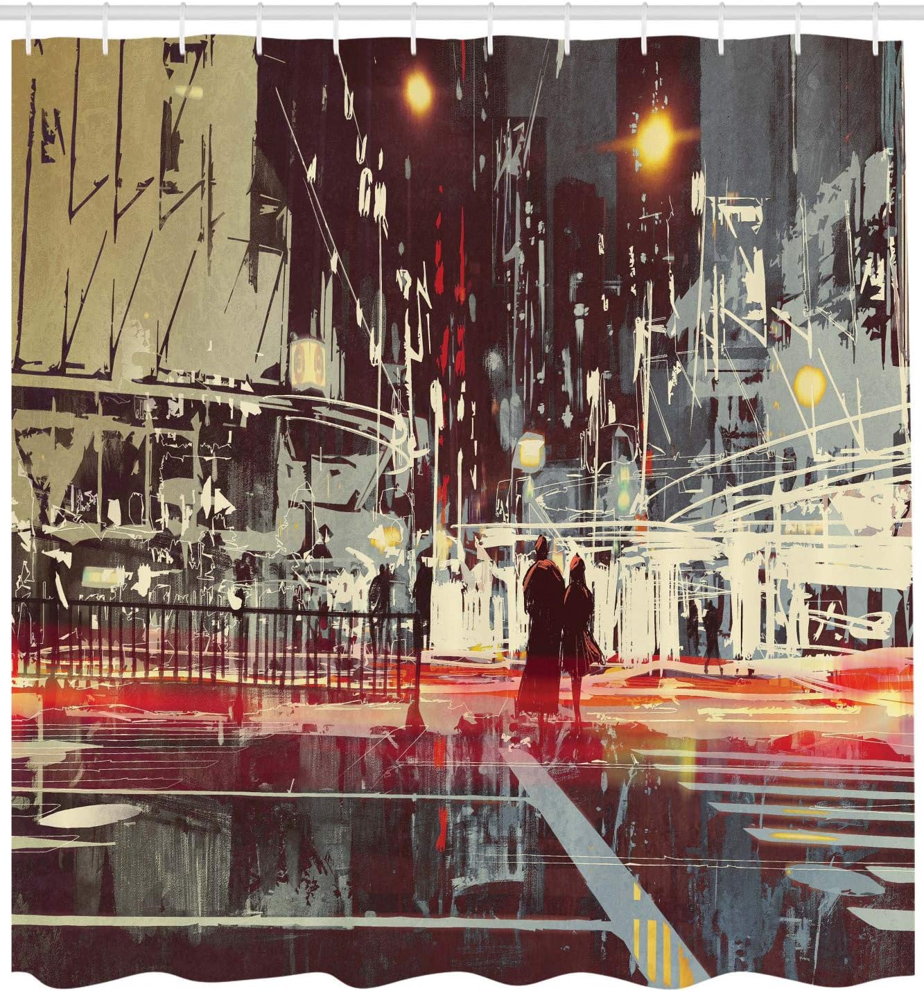 Ambesonne Modern Shower Curtain, Urban City Streets at Gloomy Night with People Downtown Dramatic Illustration, Cloth Fabric Bathroom Decor Set with Hooks, 69" W x 70" L, Red Blue Grey