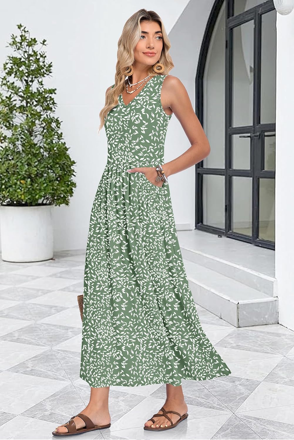 WNEEDU Women's Summer Maxi Dress 2026 Casual Sleeveless V Neck Flowy Elastic Waist Beach Vacation Sundress with Pockets - Image 3