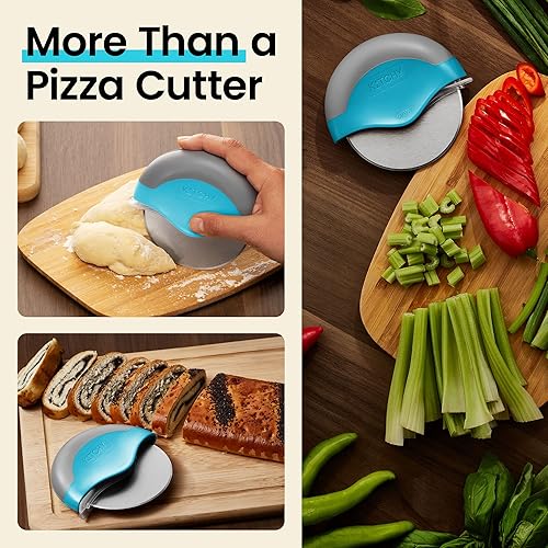 Miniatura 7 de Rueda para cortar pizza con protección para cuchilla Kitchy, rebanador súper afilado y fácil de limpiar, de acero inoxidable, Azul Azul,Verde,Rojo