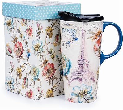 Topadorn 17oz Ceramic Travel Mug with Lid, Vintage Paris Floral Coffee Cup, Microwave & Dishwasher Safe Latte Mug with Gift Box