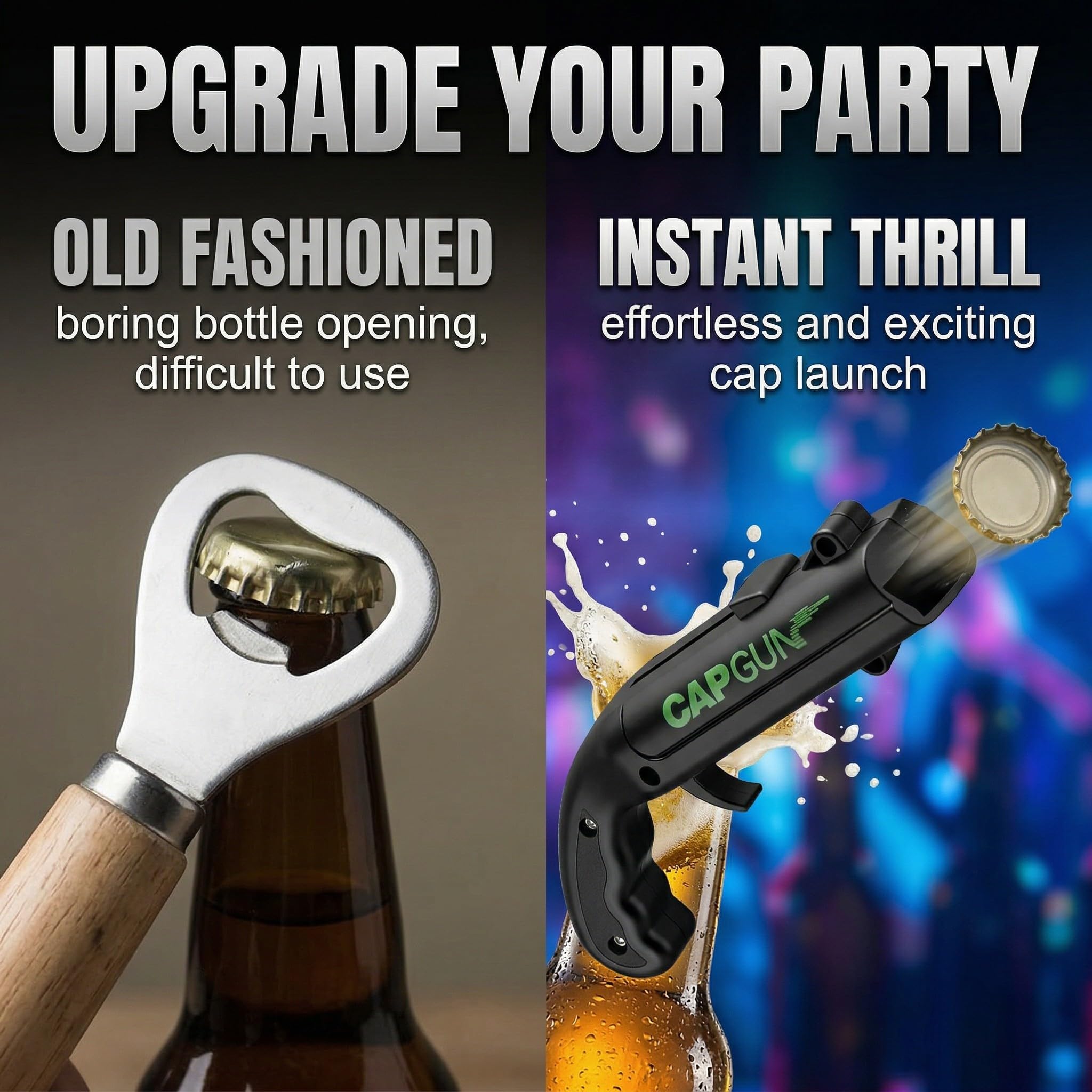 Abridor de Botellas de Cerveza en Forma de Pistola, Lanzador de Chapas, Abrebotellas Manual de Plástico Negro