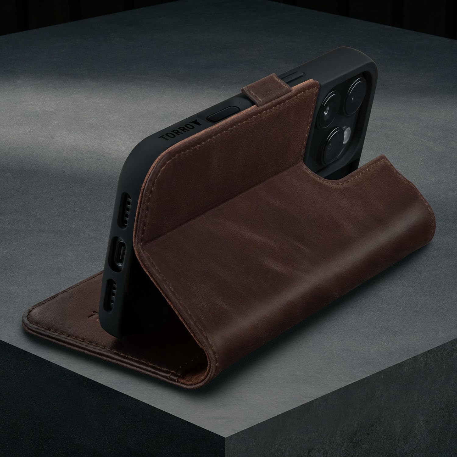 TORRO Premium Leather Case Compatible with iPhone 16 Pro Max 6.9" – Genuine Leather Wallet Flip Folio Case with Kickstand and Card Slots (Compatible with Official MagSafe Chargers) - Dark Brown