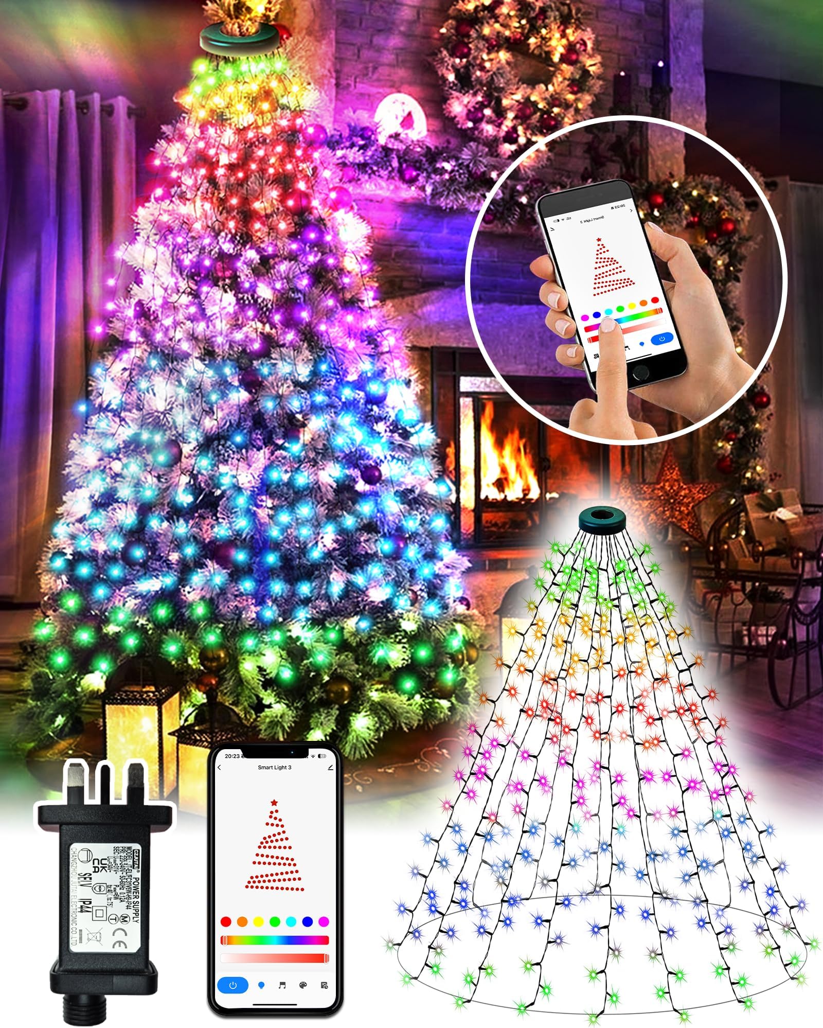 DOTWAYAWSmart Christmas Tree Lights with Ring, 2M 400 LEDs Fairy Lights App Controlled with RGB + 16 Million Colors Changing LED Christmas Lights Indoor IP65 Waterproof (2.4Hz)