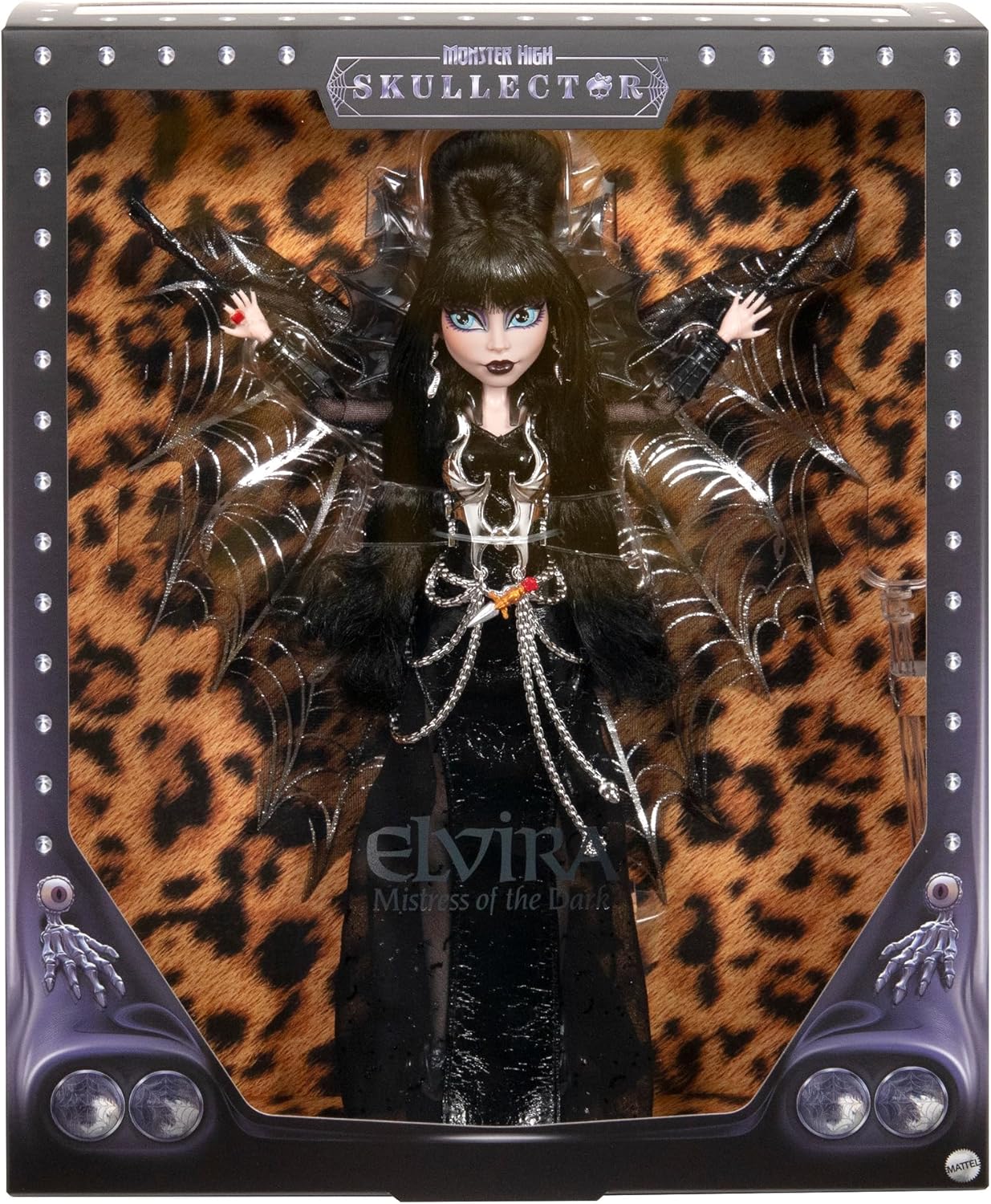 Monster High Doll, Elvira, Mistress of The Dark Collectible in Black Faux Leather Dress with Silvery Batwing Cape and Premium Accessories