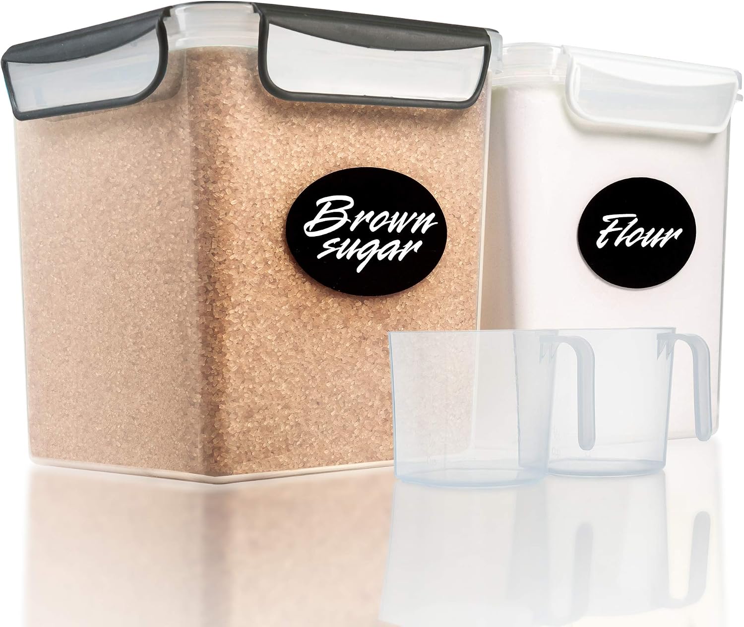 2 Large Airtight Food Storage Containers for Flour, Sugar 142oz - Kitchen Pantry Plastic Containers - Air Tight Canisters Set With Locking Lids - 4 Labels, Marker and 2 Measuring Cups(Black,White)