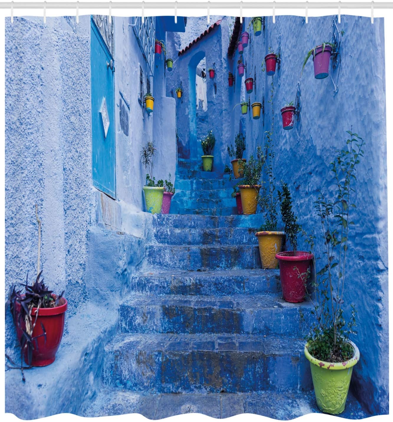 Ambesonne Blue Shower Curtain, Street with Colorful Flower Pots in City of Chefchaouen in Morocco Travel Village, Cloth Fabric Bathroom Decor Set with Hooks, 105" Extra Wide, Ceil Blue