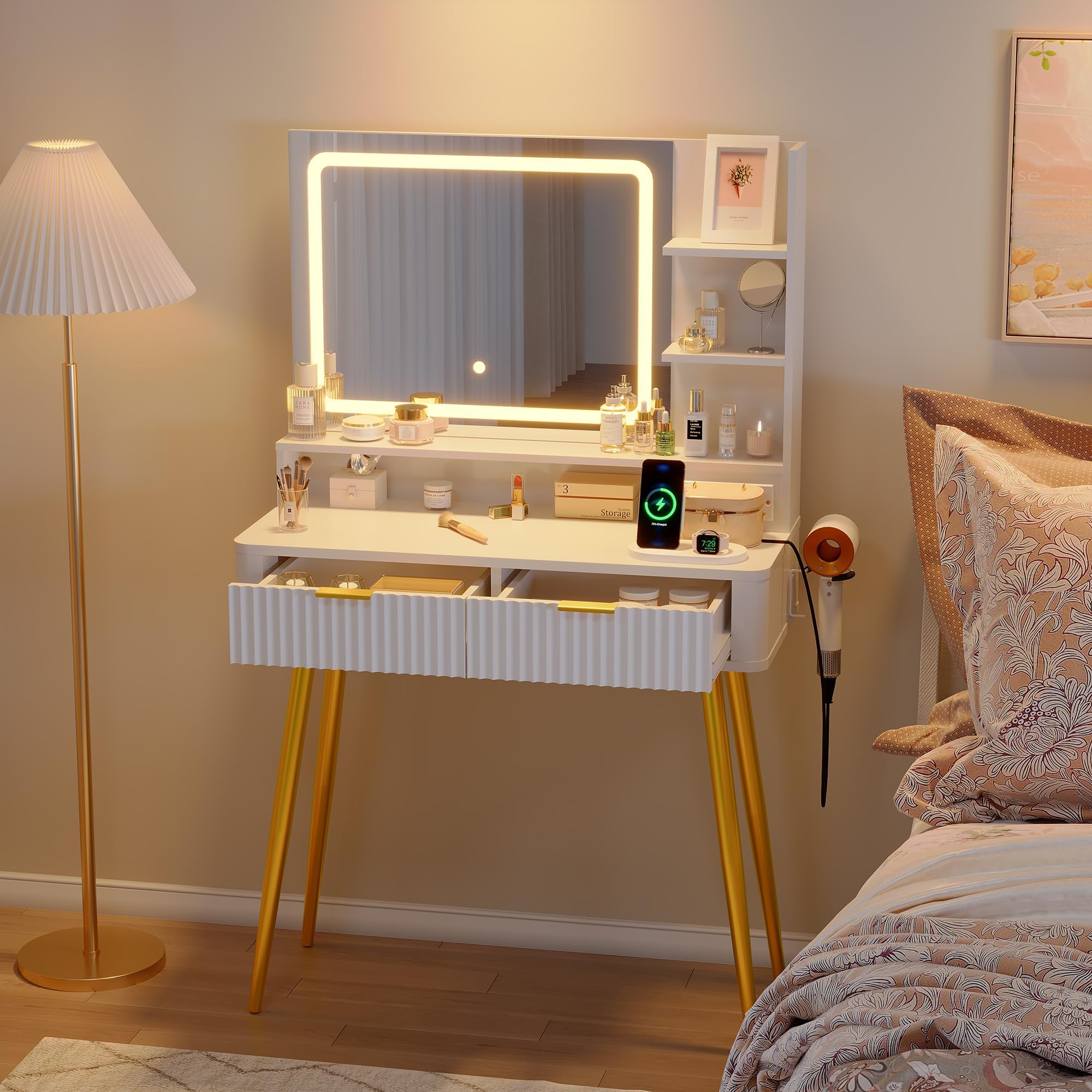 GarveeHome Coiffeuse Bois avec Miroir LED,3 Tonalités Réglable(Blanc)