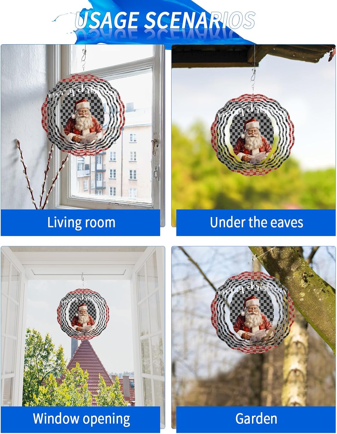 Merry Christmas Wind Spinners, Santa Claus Red and Black Plaid Xmas Hanging Wind Spinners for Yard and Garden 3D Stainless Steel Metal Sculptures Crafts Ornaments 12 inch