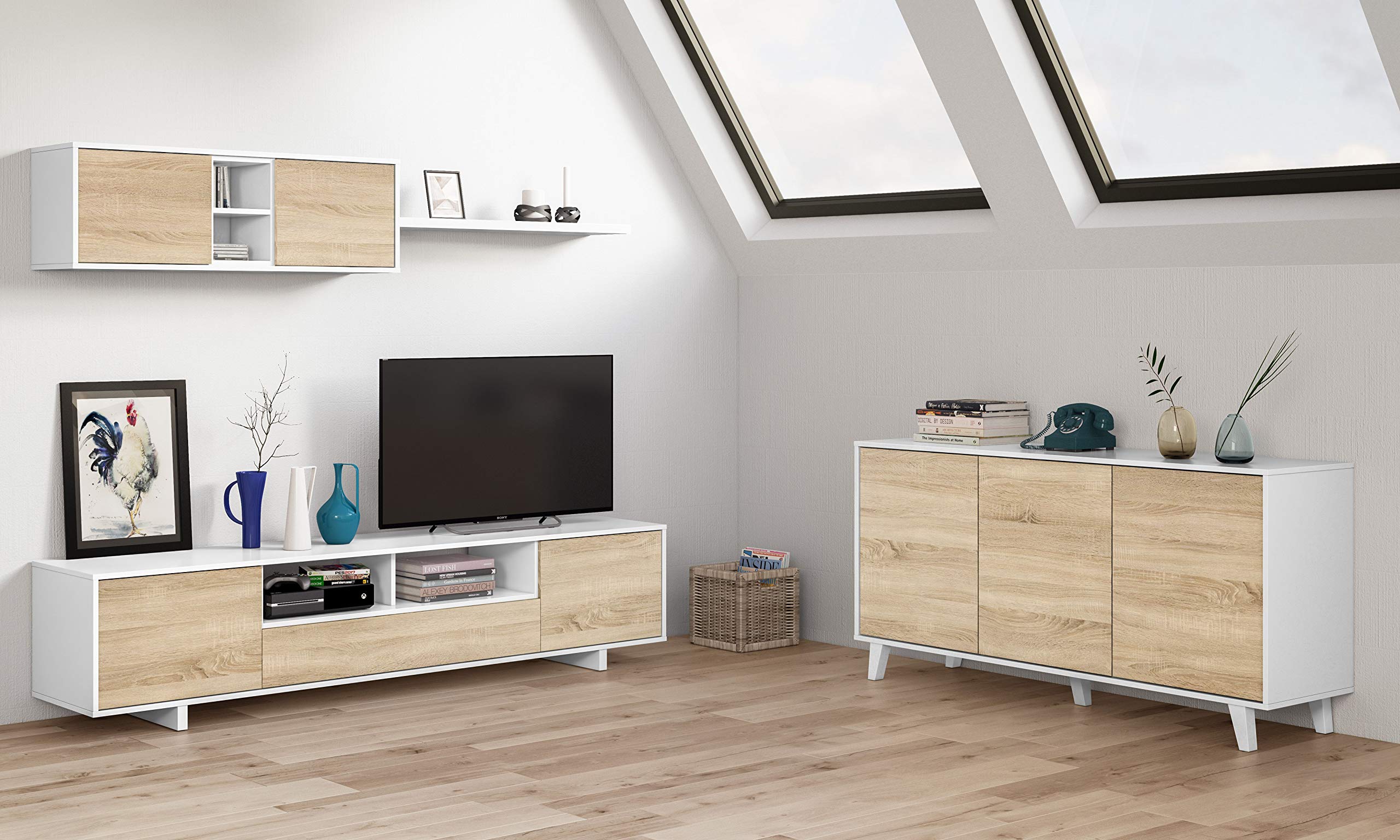 Arreditaly Parete Attrezzata Nottingham Mobile Soggiorno TV con Ripiani, Ante E Mensola Ideale per Salotto Legno Base Televisione Sala da Pranzo Design Moderno 200 x 41 x 46 cm Colore Bianco e Rovere