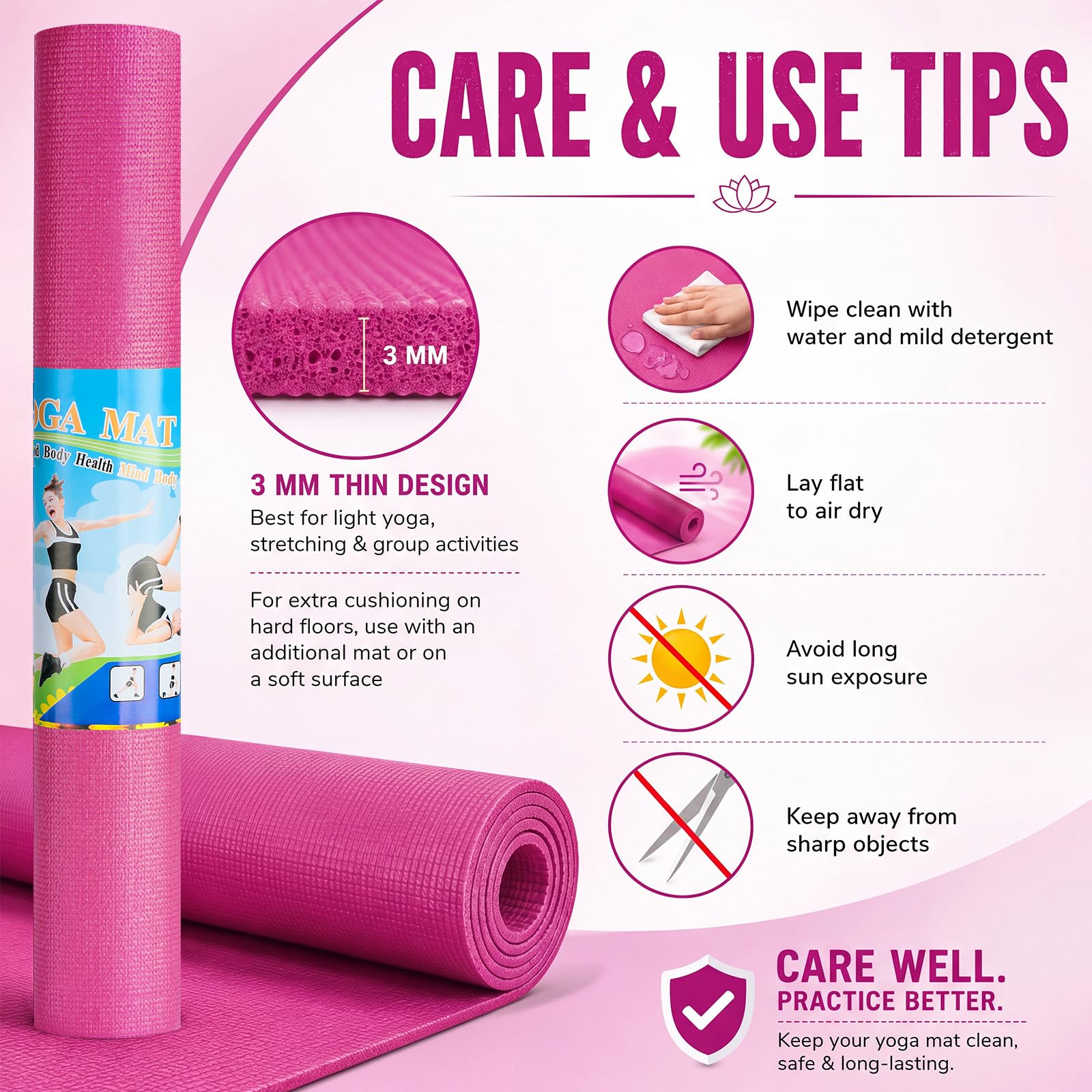 24 alfombrillas de yoga de 3 mm de grosor, antideslizantes, para mujer, gimnasio, hogar, yoga, pilates, color rojo rosa