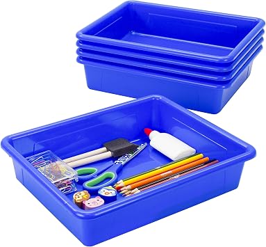 Storex Letter Size Flat Storage Tray Organizer Bin for Classroom, Office and Home, Blue, 5-Pack 62517U05C