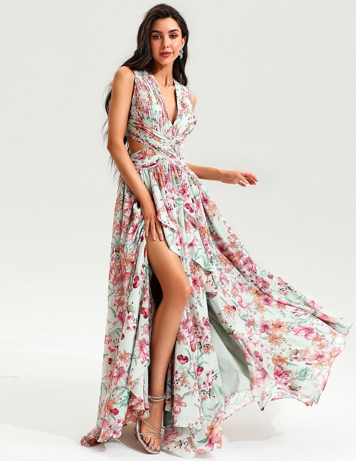 Size M Tsukko Maxi Flora Vacation Dress Sleeveless Backless Ruffle Pleated for Women Cutout Chiffon