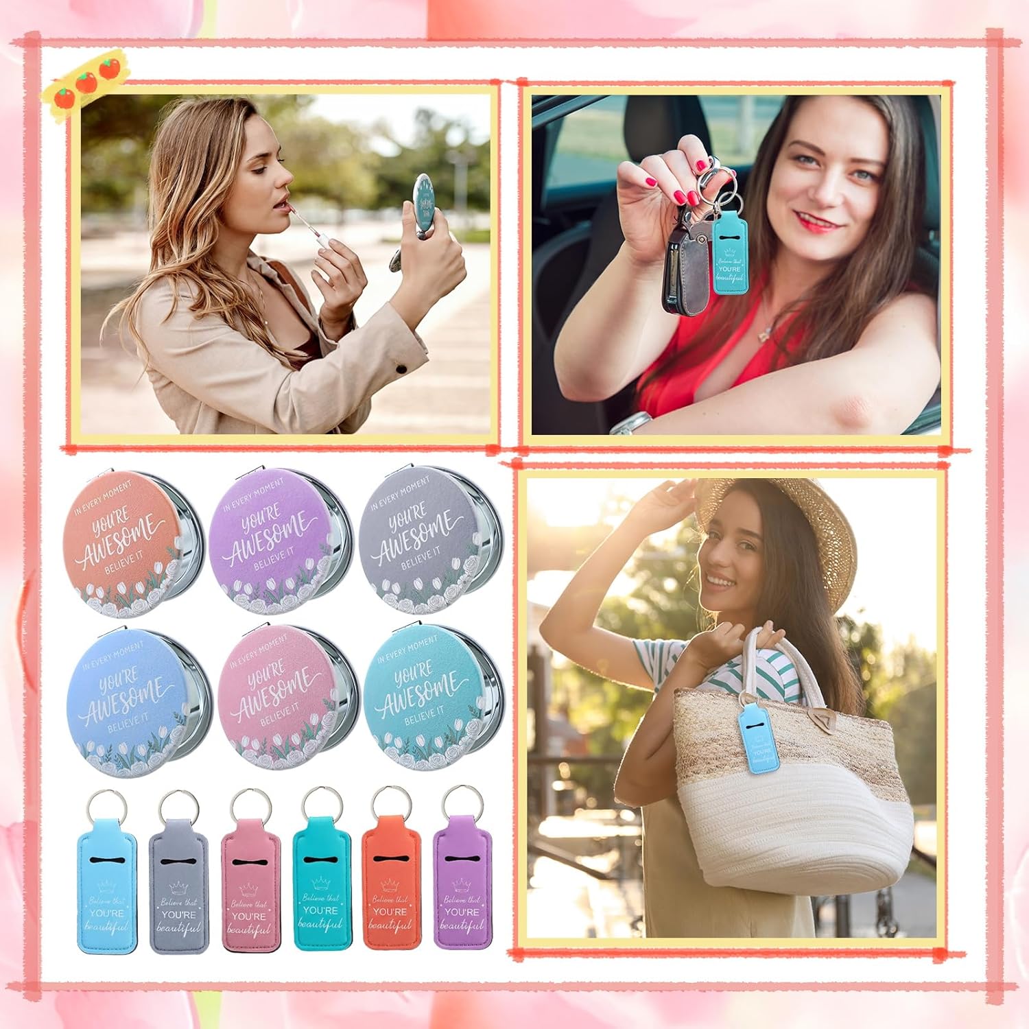 RattanView 12 Set Inspirational Gifts for Women, Bulk Mini Compact Pocket Mirror & Lipstick Holder Keychain with Cards, Thank You Party Favors for Coworkers, Female Friends & Bridal Shower Supplies