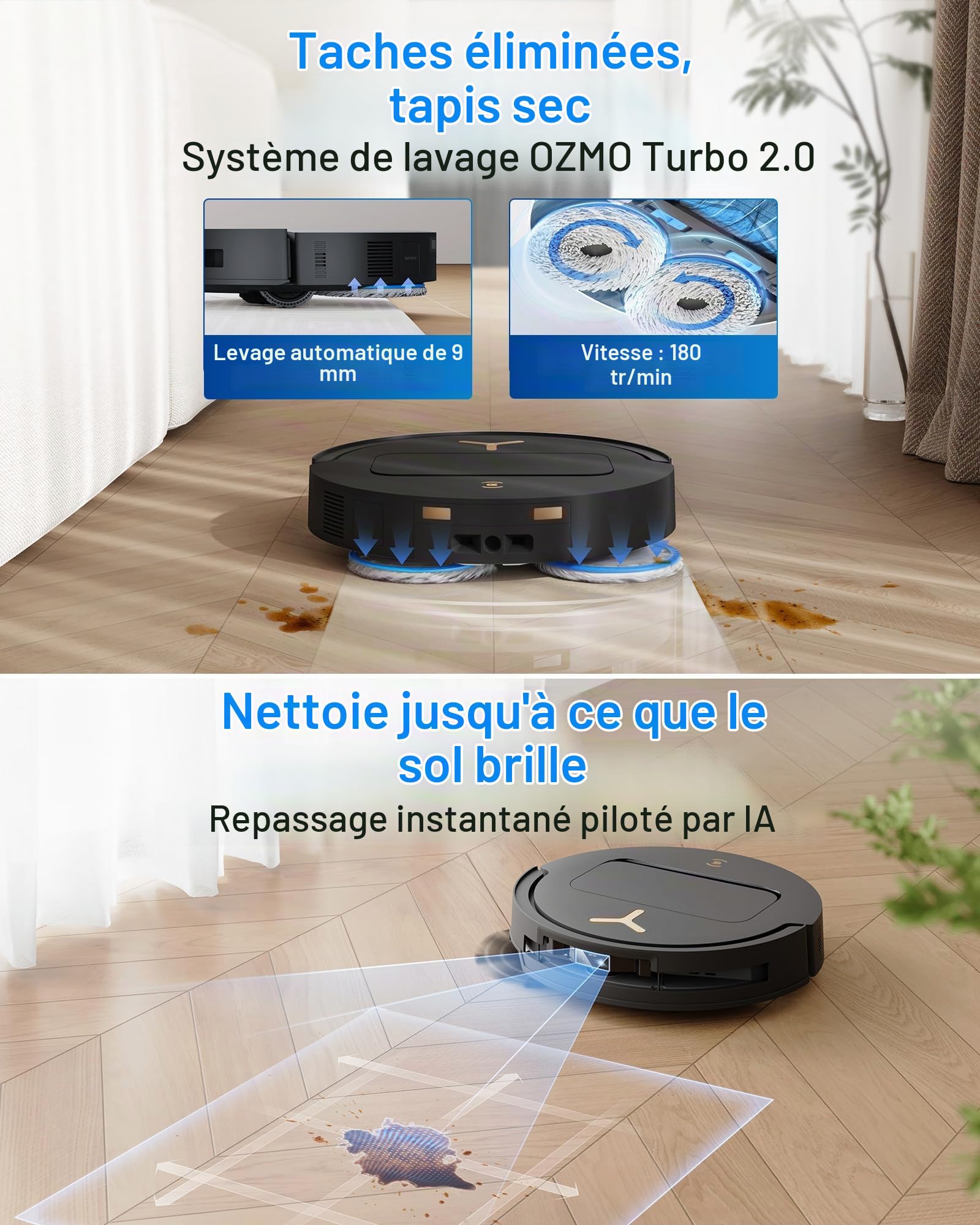 ECOVACS DEEBOT T50 Pro Omni Gen3 Aspirateur Robot Laveur Care Kit, Brosse latéral et Patin Extensibles, 25000 Pa, AIVI 3D 3.0, Ajout Auto Solution, Lavage 75°C, Séchage air Chaud, Ultra-Fin 81mm, Noir
